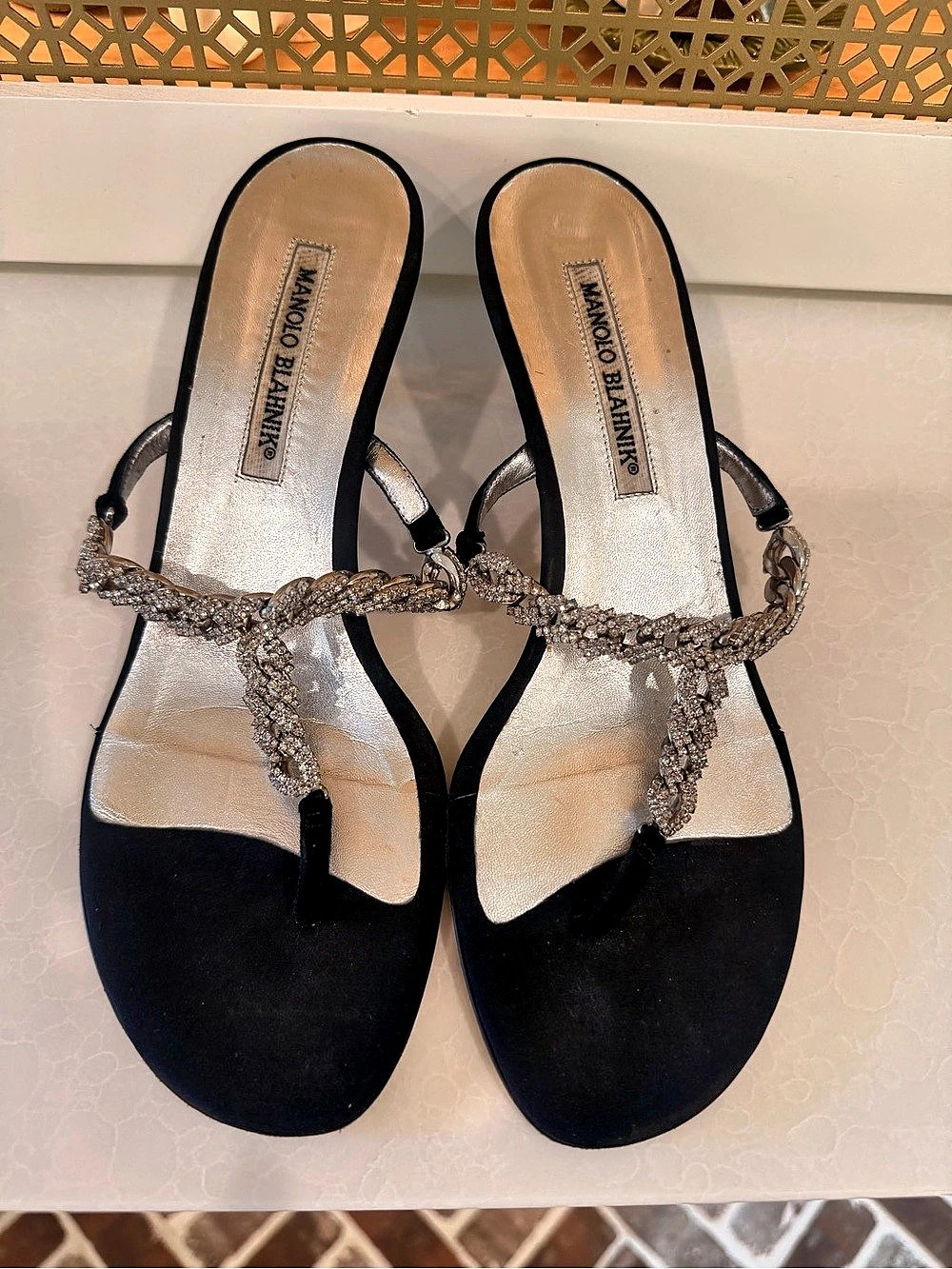 Manolo Blahnik Crystal Embellished Heels Black & Silver EU 38! GUC!